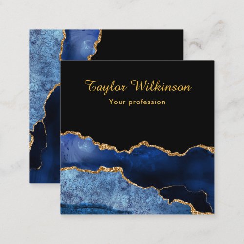 Elegant Dark Blue and Gold Agate Square Business Card