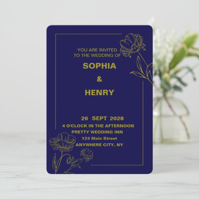 Elegant Dark Blue and Gold Floral Wedding Invitation (Standing Front)