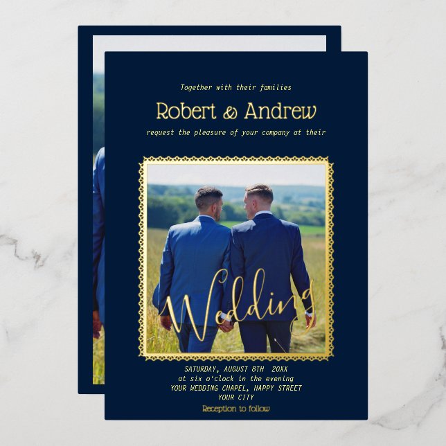 Elegant Dark blue and GOLD - gay wedding Foil Invitation (Front/Back)