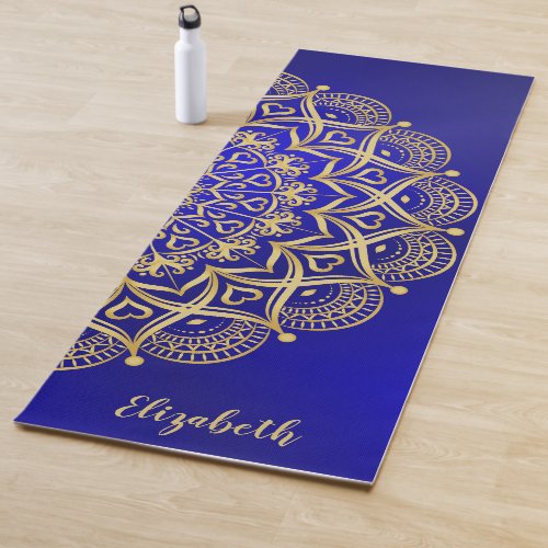 Elegant Dark Blue and Gold Mandala Monogrammed Yoga Mat