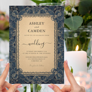 Elegant Dark Blue and Gold Wedding Invitation