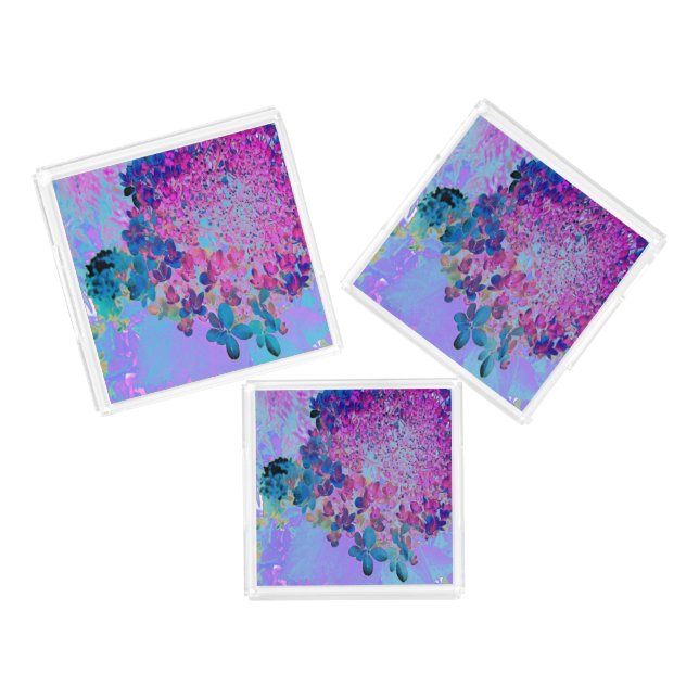 Elegant Dark Blue and Magenta Limelight Hydrangea Acrylic Tray (Set)