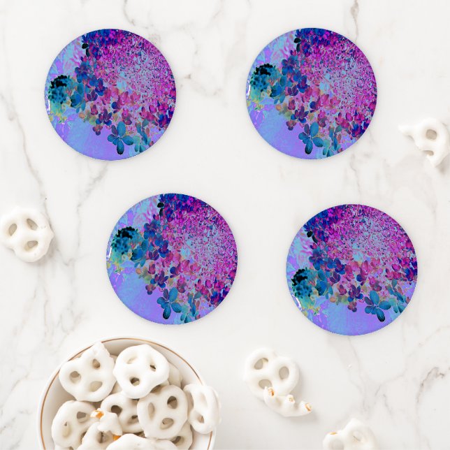 Elegant Dark Blue and Magenta Limelight Hydrangea Coaster Set (In Situ)