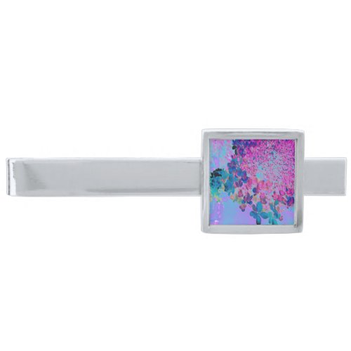 Elegant Dark Blue and Magenta Limelight Hydrangea Silver Finish Tie Bar