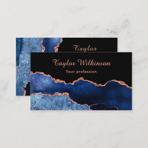 Elegant Dark Blue and Rose Gold Agate Business Card