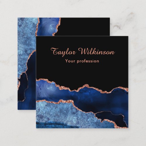 Elegant Dark Blue and Rose Gold Agate Square Business Card