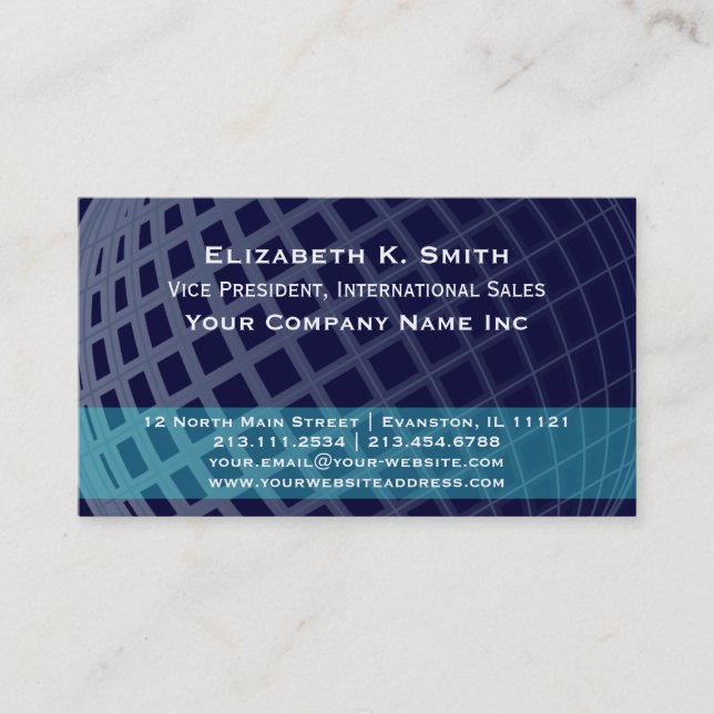 Elegant Dark Blue and Teal Global Grid VP Business Card (Front)