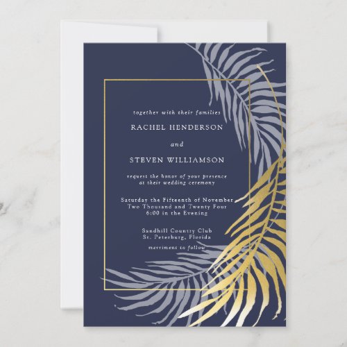 Elegant Dark Blue and White Tropical Wedding Invitation