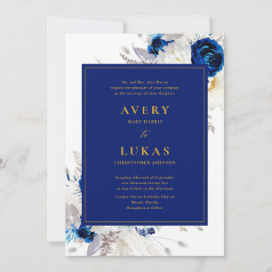 Elegant Dark Blue and Yellow Floral Wedding Invita Invitation