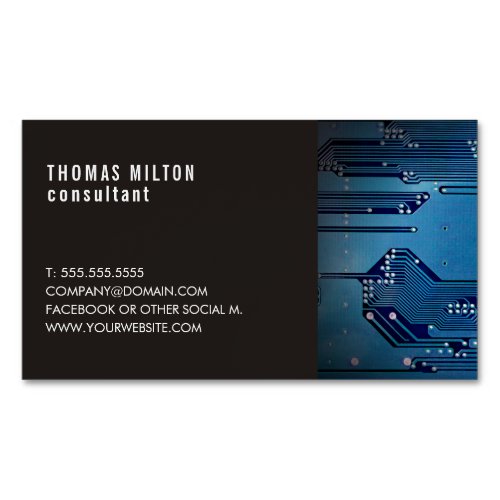Elegant Dark Blue Circuit Board Photo Consultant Business Card Magnet