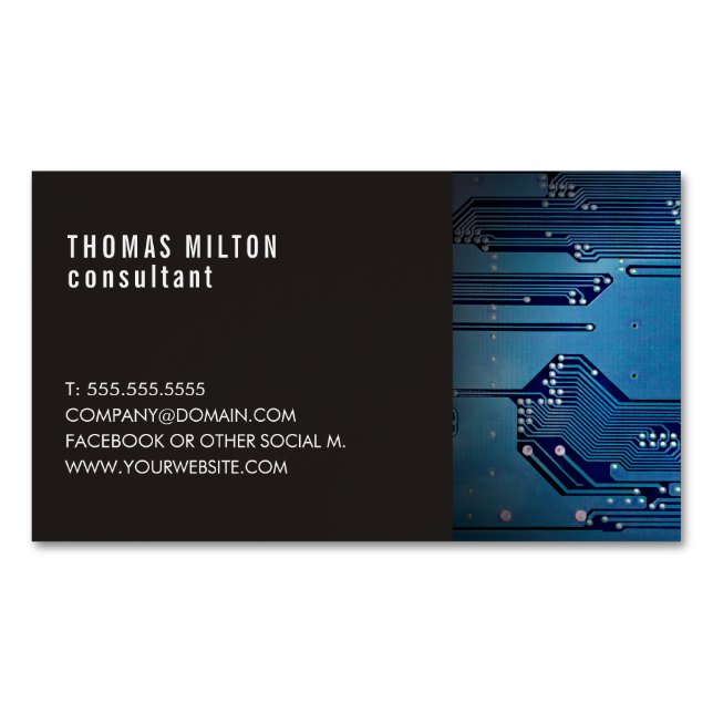 Elegant Dark Blue Circuit Board Photo Consultant Business Card Magnet (Front)