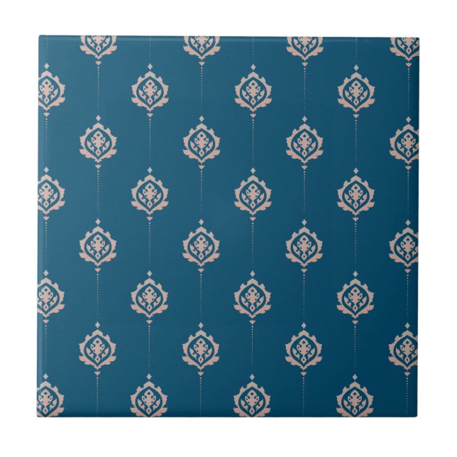Elegant Dark Blue Damask Pattern Ceramic Tile (Front)