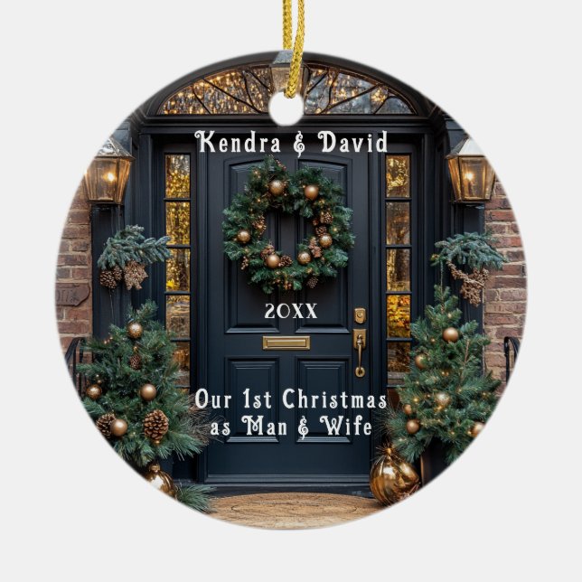 Elegant Dark Blue Door Wreath Gold Ornaments (Front)