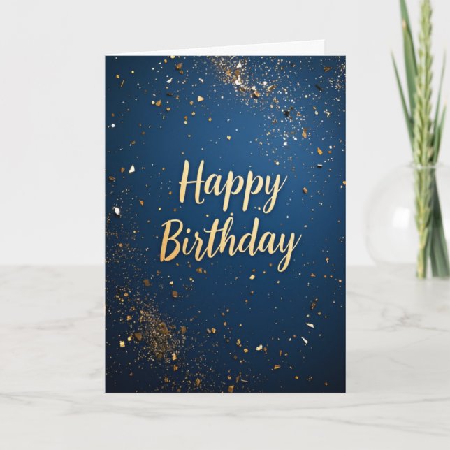 Elegant Dark Blue & Faux Gold Birthday Card (Front)