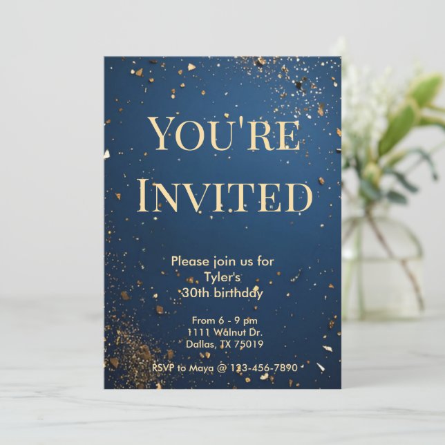 Elegant Dark Blue & Faux Gold Birthday Invitation (Standing Front)