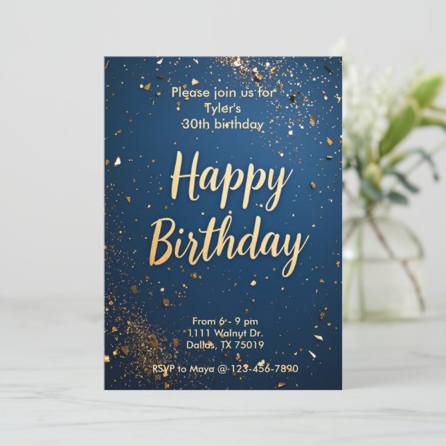 Elegant Dark Blue & Faux Gold Birthday Invitation (Standing Front)
