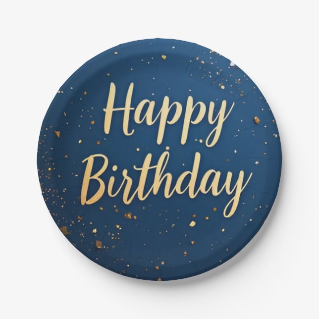 Elegant Dark Blue & Faux Gold Birthday  Paper Plates (Front)