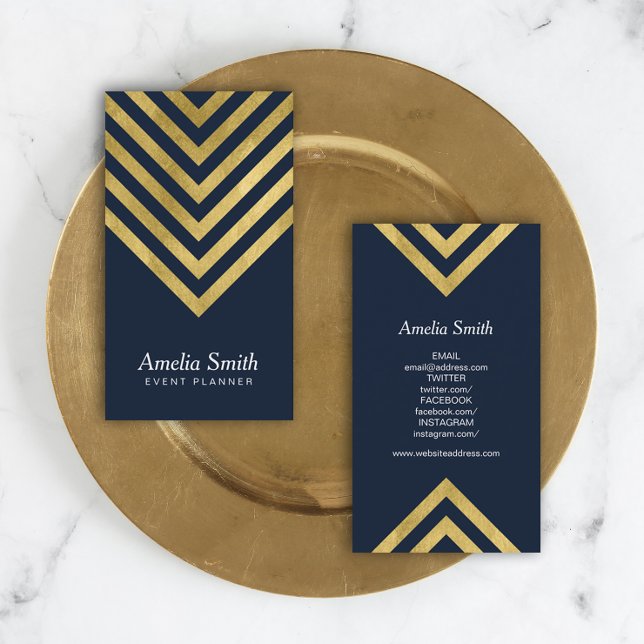 Elegant Dark Blue Faux Gold Geometric Social Media Business Card