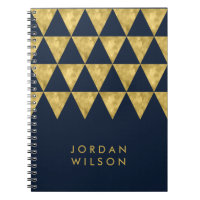 Elegant Dark Blue Faux Gold Triangle Pattern Notebook