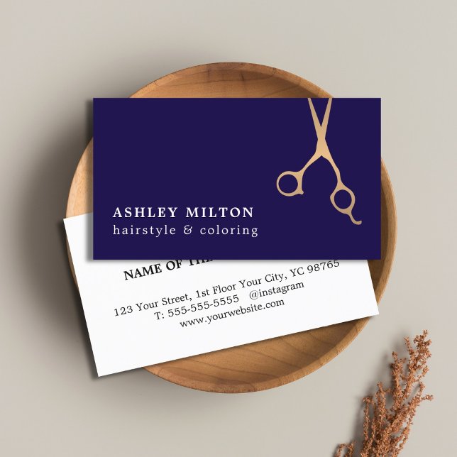 Elegant Dark Blue Faux Golden Scissors Hairstylist Business Card (Creator Uploaded)