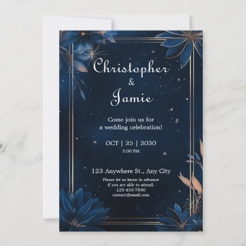 Elegant Dark Blue Floral Wedding Invitation