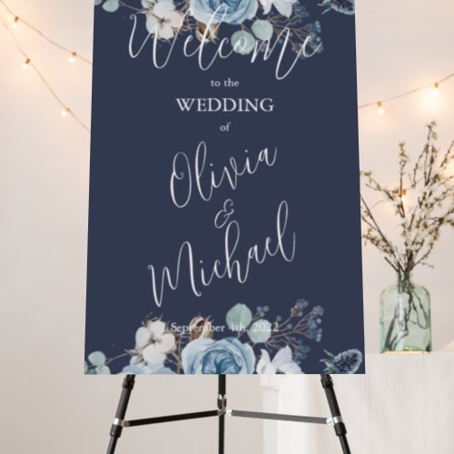 Elegant Dark Blue Floral Wedding Reception Foam Board