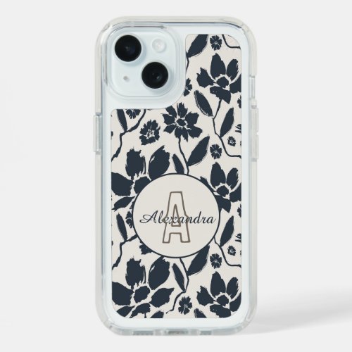 Elegant Dark Blue Floral with Monogram and Name iPhone 15 Case