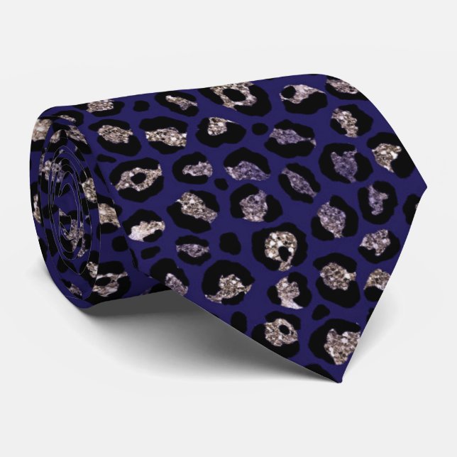 Elegant Dark Blue Glitter Leopard Animal Print Neck Tie (Rolled)