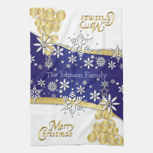 Elegant Dark Blue, Gold and White Christmas Kitchen Towel