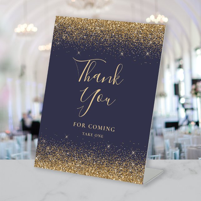 Elegant Dark Blue Gold Glitter Wedding Thank You Pedestal Sign (Creator Uploaded)