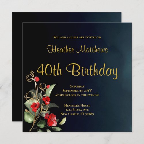 Elegant Dark Blue Gold Red Floral 40th Birthday Invitation