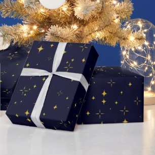 Elegant Dark Blue Gold Stars and Sparkles Gift Wrapping Paper