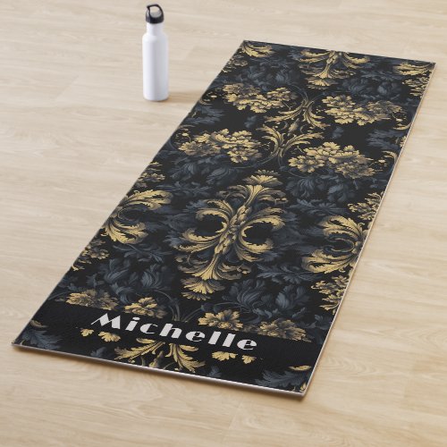 Elegant Dark Blue Grey Black Gold Flower Victorian Yoga Mat