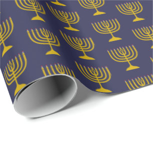 Elegant Dark Blue Hanukkah MENORAH Wrapping Paper