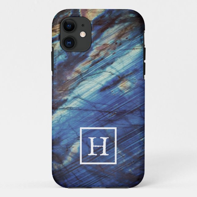 Elegant Dark Blue Labradorite Monogram Case-Mate iPhone Case (Back)