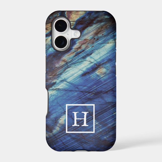 Elegant Dark Blue Labradorite Monogram Iphone Case (Back)