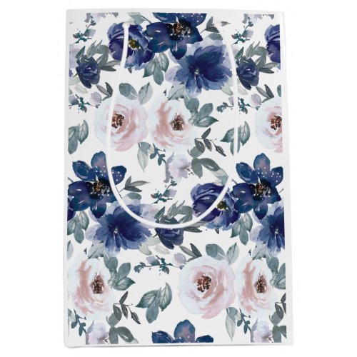 Elegant Dark Blue Light Pink Floral Watercolor Medium Gift Bag