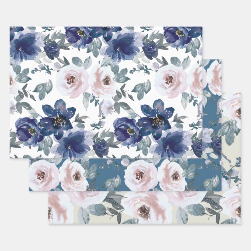 Elegant Dark Blue Light Pink Floral Watercolor Wrapping Paper Sheets