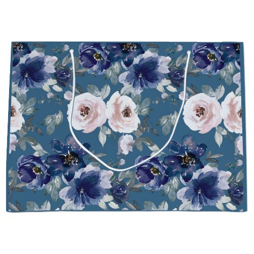 Elegant Dark Blue Light Pink Roses Floral  Large Gift Bag