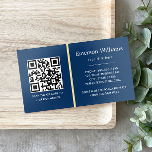 Elegant dark blue logo QR code divider golden Foil Business Cards