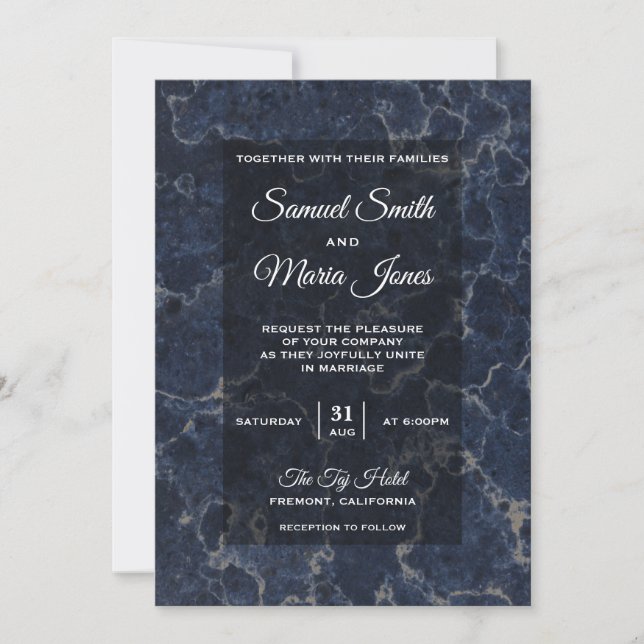 Elegant Dark Blue Marble Wedding Invitation (Front)
