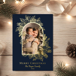 Elegant Dark Blue Merry Christmas Arch Photo Foil Holiday Card