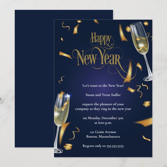 Elegant Dark Blue New Years Eve Party Invitation (Front/Back)