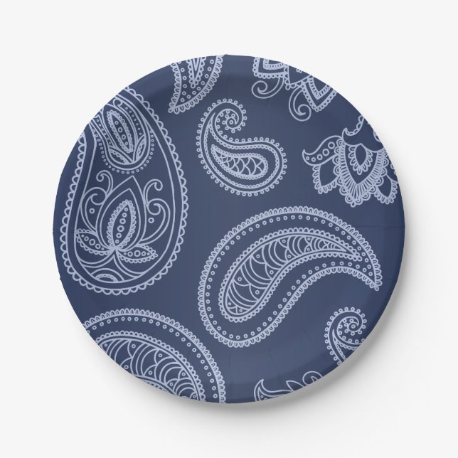 Elegant dark blue paisley pattern paper plates (Front)