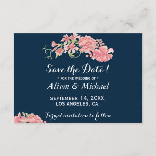 Elegant dark blue pink peonies wedding save date save the date