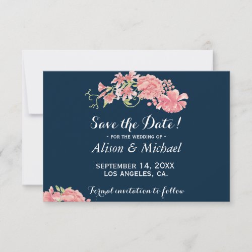 Elegant dark blue pink peonies wedding save date save the date