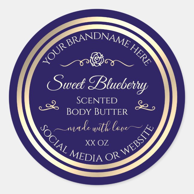 Elegant Dark Blue Product Label Gold Shimmer Frame (Front)