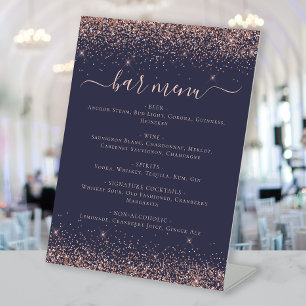Elegant Dark Blue Rose Gold Glitter Bar Menu Pedestal Sign