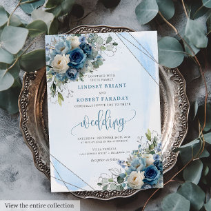 Elegant Dark Blue Roses Silver Frame Wedding Invitation