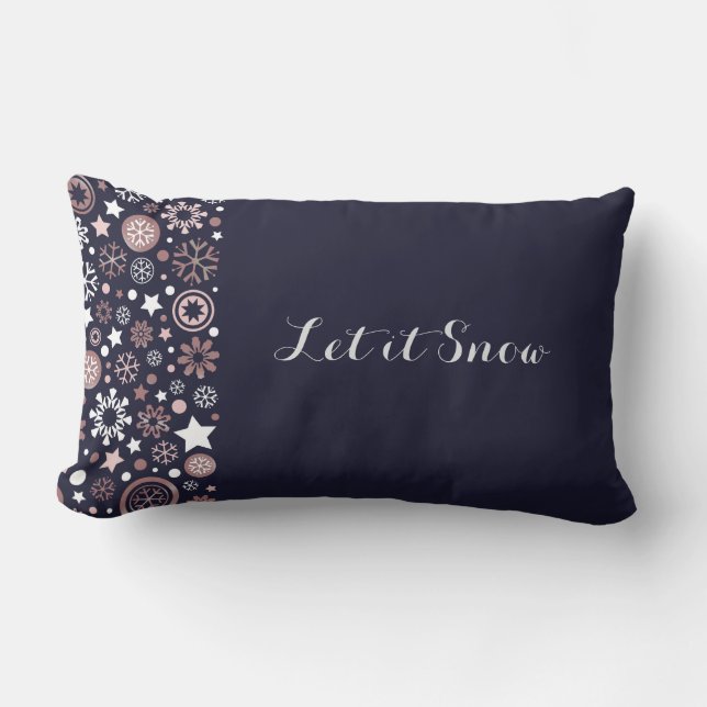 Elegant dark blue, shiny pink metallic snowflakes  lumbar pillow (Front)